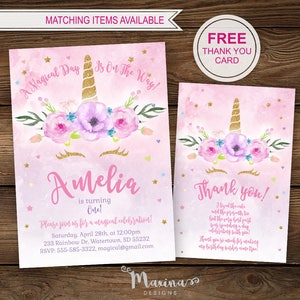 Unicorn birthday Invitation, Unicorn party invite, Unicorn first 1st birthday invite, Unicorn favor tags, Unicorn party stickers