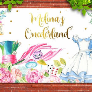 ALICE IN WONDERLAND Backdrop Birthday Wall, Wall Vinyl Alice in wonderland Decal Printable, Alice in Onederland, Cheshire Cat, Mad Hatter