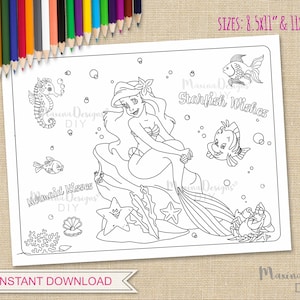 Mermaid coloring pages, Mermaid coloring placemat, Mermaid games, Activity sheet, Mermaid birthday, Mermaid sign, instant download PDF, MER1