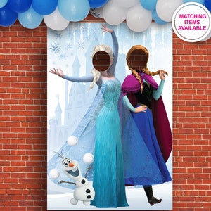 Fondo fotográfico con cara de FROZEN en un agujero, tablero recortable para fiesta de cumpleaños de Elsa y Anna, letrero de Frozen para pared imprimible