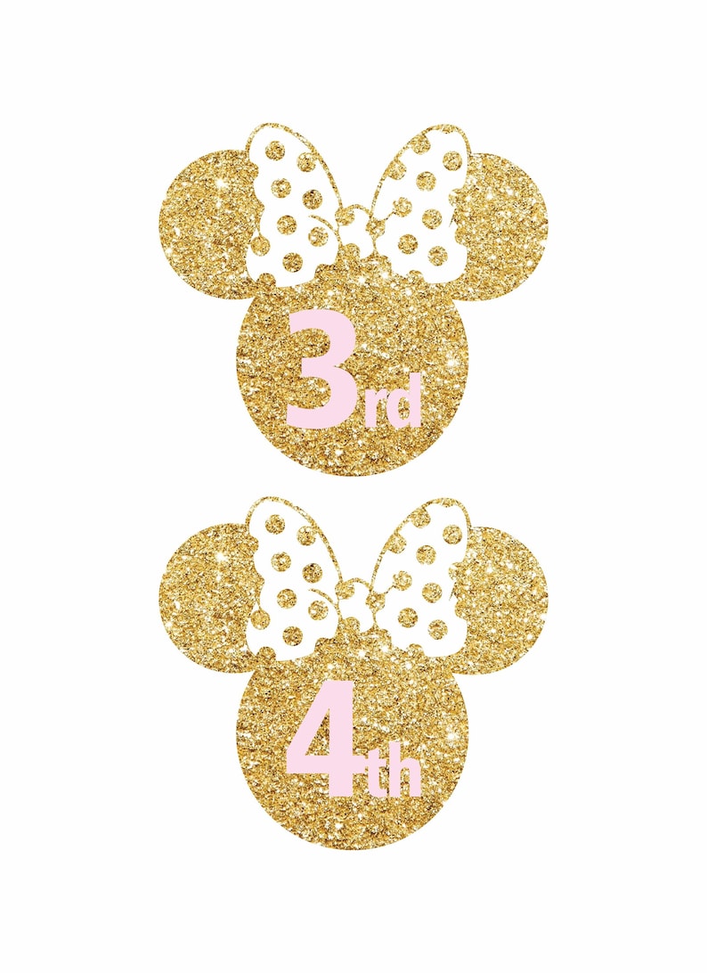 May include: Two gold glitter Minnie Mouse ears with white polka dot bows. The ears have pink numbers on them, one says "3rd" and the other says "4th".