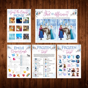 Op de afbeelding: Een set printbare Frozen-themafeestgames. De spellen omvatten een "Raad de Disney-film"-spel met afbeeldingen van scènes uit Frozen, een "Vind 10 verschillen"-spel met twee afbeeldingen van Elsa, Anna en Sven, een emoji-kruiswoordpuzzel en twee Frozen-bingokaarten.