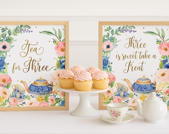 Póster de cumpleaños para fiesta de té / Tres es dulce / Decoración imprimible / Descarga instantánea