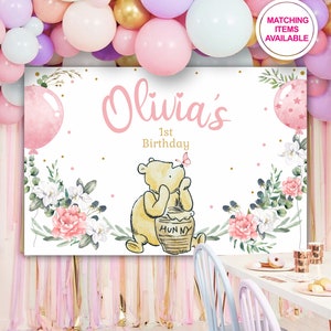 Custom Winnie the Pooh Backdrop | Pink Birthday or Baby Shower Decor | Personalized Wall Poster, Cake Table or Photo Booth Digital Download