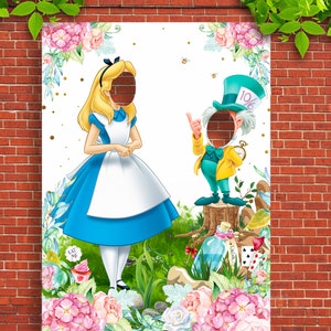 Tablero de apoyo para fotos con cara en el agujero de ALICIA EN EL PAÍS DE LAS MARAVILLAS para fiesta de cumpleaños, telón de fondo de Alicia en el País de las Maravillas, póster de Alicia en la pared, Sombrerero Loco