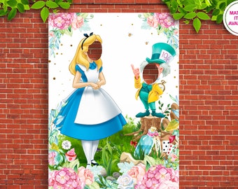 ALICE IN WONDERLAND Face in Hole Photo Prop Board Birthday Party, Alice in Onederland Backdrop, Alice Poster Wall, Mad Hatter