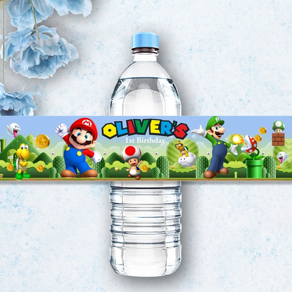 SUPER MARIO Bottle Label Custom, Water Bottle wrapper Super Mario and Luigi 1st Birthday Boy party label, Printable digital