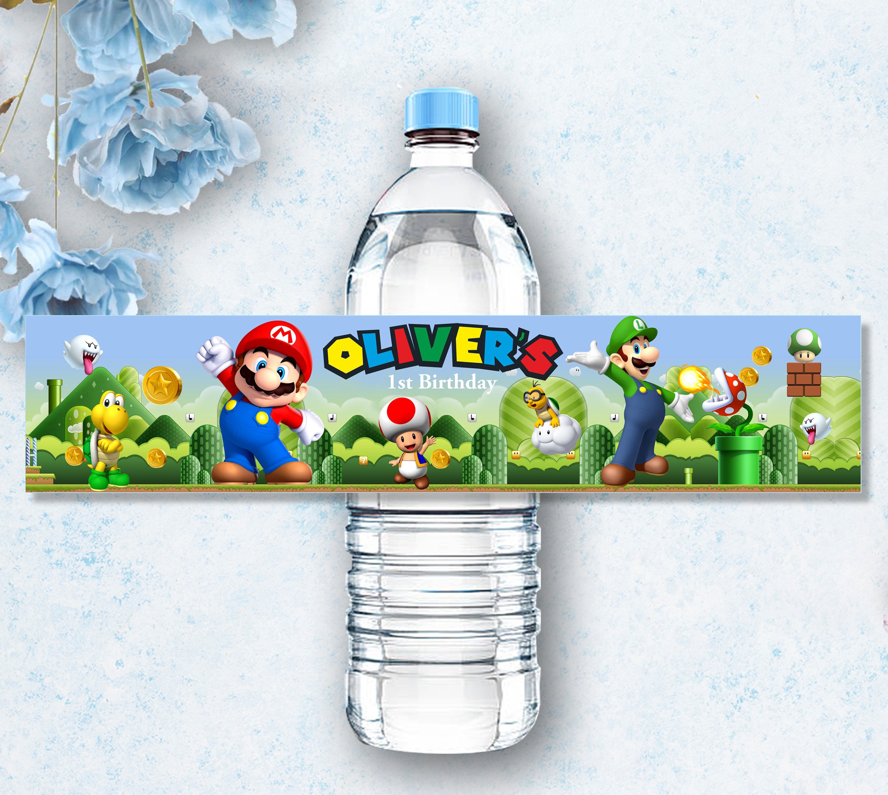 Super Mario Odyssey personalized water bottle labels –