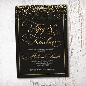 Fifty and fabulous invitation, Fifty 50 fabulous Party women, Adult Birthday Invitation, 50th birthday, It&#39;s a surprise, Black gold