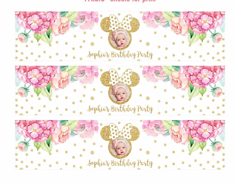 K&ouml;nnte beinhalten: Drei bedruckbare Etiketten mit einem goldenen Glitzer-Minnie-Maus-Kopf mit rosa Punkten und einem Blumenmuster. Die Etiketten zeigen den Text "Sophia's Birthday Party".