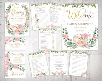 A Baby Is Brewing Tea Party Shower Bundle | Personalized Floral Set | Custom Digital