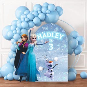 May include: A blue and white Frozen themed birthday backdrop with a snow-covered background. The backdrop features Elsa and Anna from the movie Frozen, along with Olaf the snowman. The backdrop also includes the text "HADLEY IS 3".