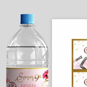 May include: Water bottle label with a pink and gold design. The label features the text "Emma's 9th Birthday" and a floral illustration.