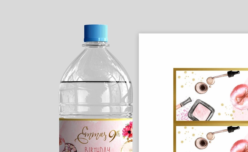 May include: Water bottle label with a pink and gold design. The label features the text "Emma's 9th Birthday" and a floral illustration.