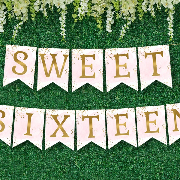 SWEET SIXTEEN BANNER 16TH Birthday Girl Wall Banner, Teenage girl Party banner garland flag, Custom banner Printable digital