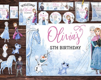 Paquete de fiesta de cumpleaños de princesa Frozen / Conjunto imprimible de decoraciones personalizadas de Elsa y Anna