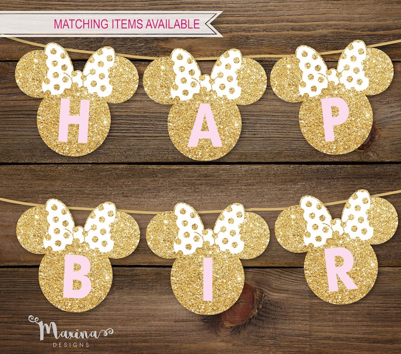 May include: Gold glitter Minnie Mouse ears with pink polka dots and pink letters spelling out "Happy Birthday".