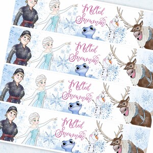 May include: Four printable labels featuring characters from the animated movie Frozen. Each label has a blue and white watercolor background with snowflakes and the text "Melted Snowman". The labels feature Elsa, Anna, Olaf, and Sven.