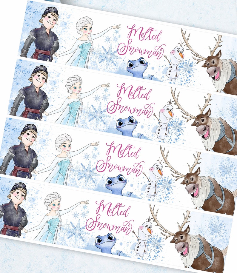 May include: Four printable labels featuring characters from the animated movie Frozen. Each label has a blue and white watercolor background with snowflakes and the text "Melted Snowman". The labels feature Elsa, Anna, Olaf, and Sven.