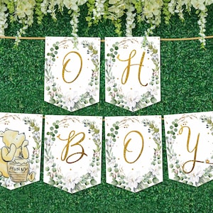 Striscione da parete per baby shower "Oh Boy" di WINNIE THE POOH, ghirlanda con striscioni "Oh Boy", striscione digitale stampabile con download immediato, striscione personalizzabile