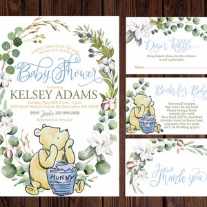 Invito per baby shower WINNIE the POOH, decorazioni maschili blu, invito baby shower blu con orsetto Pooh, download digitale stampabile