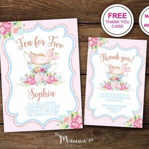 Tea for Two, Pink Birthday Invitation Girl, Second Birthday Invitations, 2nd Bday Invite, Floral Tea Party Invitation