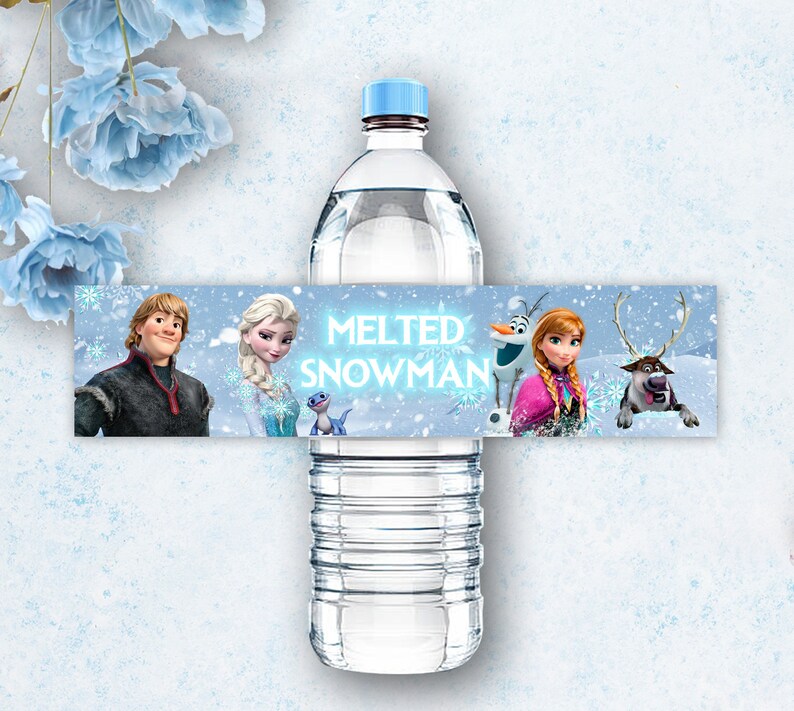 May include: Water bottle label featuring characters from the animated film Frozen. The label is blue and white with a snowflake design. The text on the label reads "Melted Snowman".