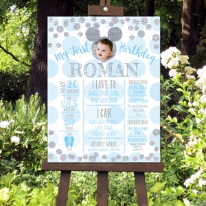 K&ouml;nnte beinhalten: Ein blaues und silbernes erstes Geburtstagsschild mit einem Foto eines kleinen Jungen. Das Schild enth&auml;lt den Namen des Babys, Roman, und Details &uuml;ber sein erstes Jahr, einschlie&szlig;lich seiner Gr&ouml;&szlig;e, seines Gewichts, seiner Lieblingsessen und seiner ersten Worte. Das Schild ist mit silbernem Glitzer und blauen und wei&szlig;en Punkten verziert.