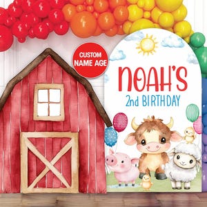 Farm Arch Backdrop Set | Custom Red Barn Standee + Name Age Arch | Barnyard Birthday Decor