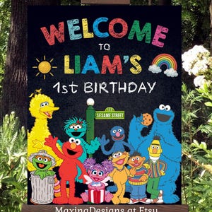 Letrero de bienvenida de Barrio Sésamo, pizarra, decoración de fiesta de cumpleaños, póster de bienvenida para pared, imprimible y personalizado.