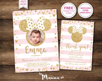 Minnie Mouse Birthday Invitation, Pink and Gold, Photo Invite (Digital Card)