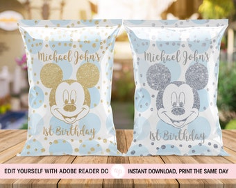 Sac à puces Mickey Mouse | Emballage de fête modifiable | Étiquette imprimable pour collation | Décoration numérique à téléchargement immédiat