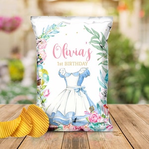 ALICE IN WONDERLAND Potato Chip Bag Wrapper, Customizable Favor Treat Snack Packaging, Alice in Onederland 1st Birthday, printable digital