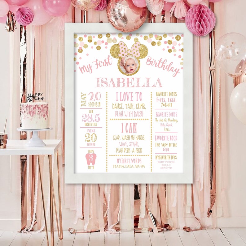 May include: Pink and gold first birthday poster with a photo of a baby girl in a pink and gold Minnie Mouse headband. The poster includes the baby's name, Isabella, and details about her first year, including her age, height, weight, favorite foods, songs, and books.