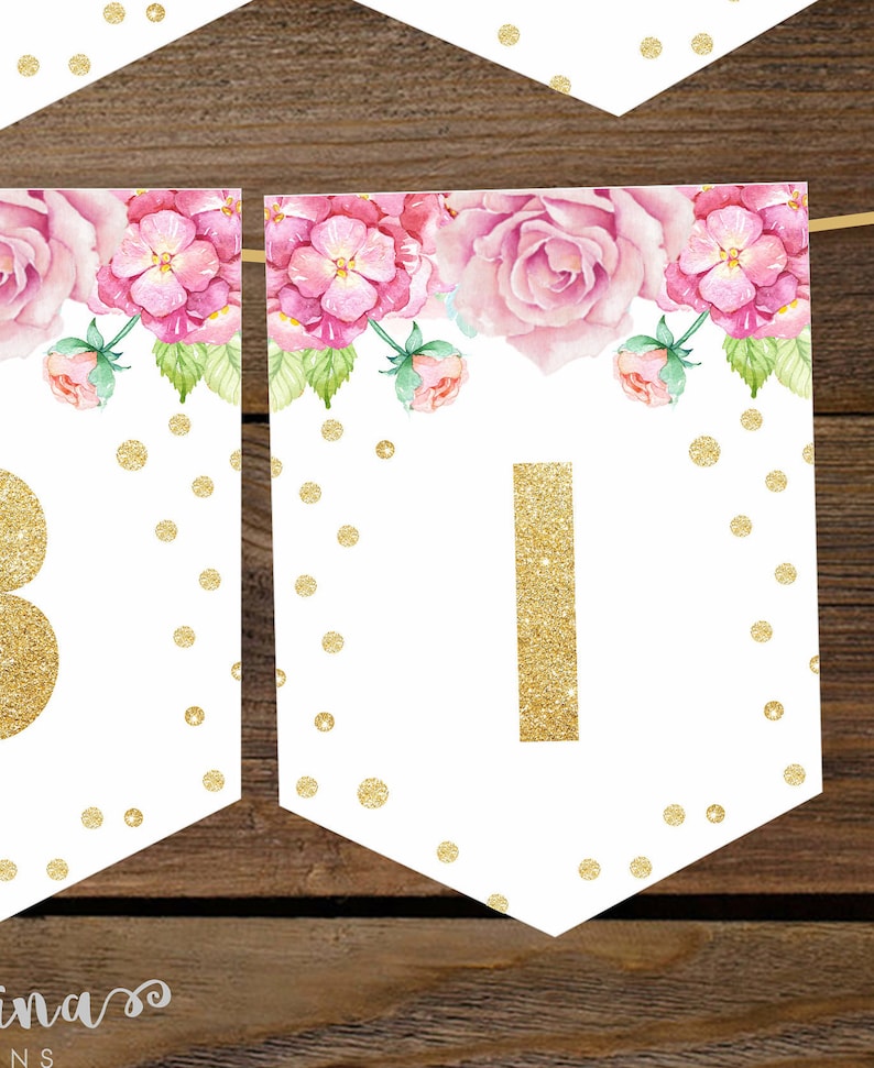 Puede incluir: Una pancarta blanca con n&uacute;meros de purpurina dorada "31" y flores de acuarela rosa. La pancarta tiene un fondo blanco con confeti de purpurina dorada.