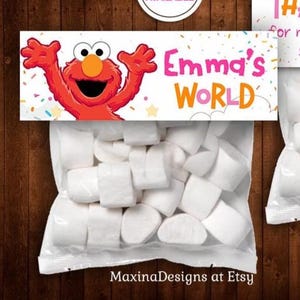 Adorno para bolsa de ELMO, recuerdo de fiesta con respaldo, adornos para golosinas de cumpleaños para niña, impresión digital personalizada