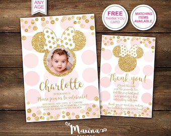 Invitación de primer cumpleaños de Minnie Mouse con foto (impresión digital)