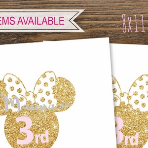 May include: Two printable 8.5 x 11 inch sheets featuring a gold glitter Minnie Mouse head with pink polka dot bow and a pink "3rd" in the center.  Matching items available.