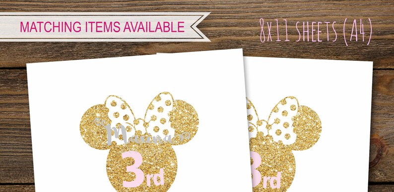 May include: Two printable 8.5 x 11 inch sheets featuring a gold glitter Minnie Mouse head with pink polka dot bow and a pink "3rd" in the center.  Matching items available.