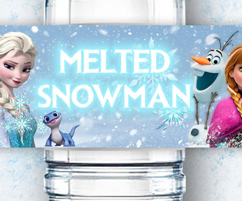 May include: A blue and white water bottle label with a winter theme. The label features the characters Elsa and Olaf from the movie Frozen, along with a small blue lizard. The text on the label reads "MELTED SNOWMAN".