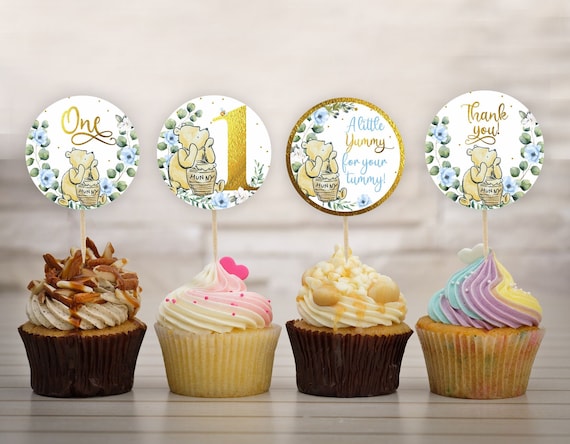 Winnie The Pooh Cupcake Toppers - Party Circles for Baby Shower