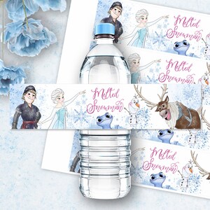 May include: Water bottle labels featuring characters from the animated film Frozen. The labels are blue and white with a watercolor effect and feature Olaf, Elsa, Anna, and Sven. The text on the labels reads "Melted Snowman".