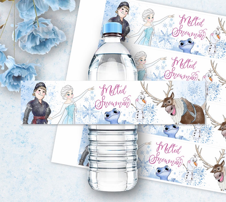 May include: Water bottle labels featuring characters from the animated film Frozen. The labels are blue and white with a watercolor effect and feature Olaf, Elsa, Anna, and Sven. The text on the labels reads "Melted Snowman".