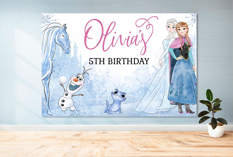 FROZEN BACKDROP Birthday Wall Decal, Elsa and Anna backdrop Wall Vinyl, Frozen Birthday Party Decoration, custom printable backdrop image 2