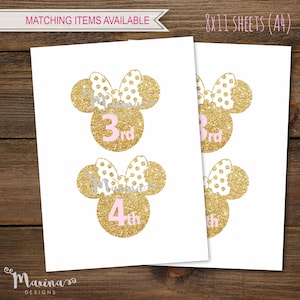 May include: Two sheets of white paper with gold glitter Minnie Mouse heads with pink polka dots and numbers 3rd and 4th. The text "MATCHING ITEMS AVAILABLE" and "8X11 SHEETS (A4)" is at the top of the sheets.