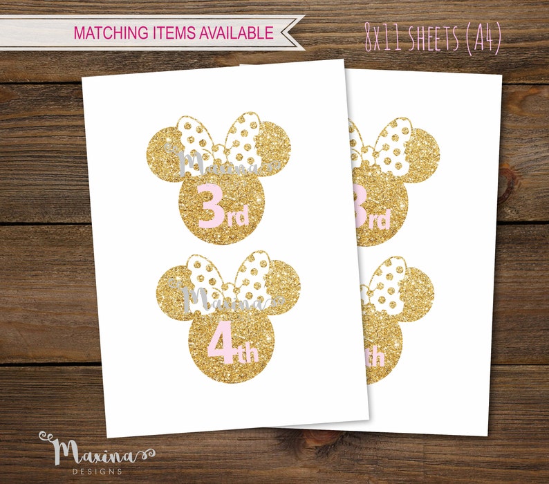 May include: Two sheets of white paper with gold glitter Minnie Mouse heads with pink polka dots and numbers 3rd and 4th. The text "MATCHING ITEMS AVAILABLE" and "8X11 SHEETS (A4)" is at the top of the sheets.