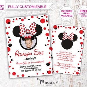 Mickey Mouse Birthday Party Invitation, Minnie Mouse 1st first birthday girl, Minnie Mouse Birthday Invite, Minnie mouse decor, red black