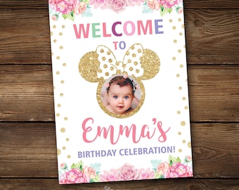 Letrero de bienvenida de cumpleaños de Minnie Mouse / Decoración de fiesta rosa y dorada (descarga digital)