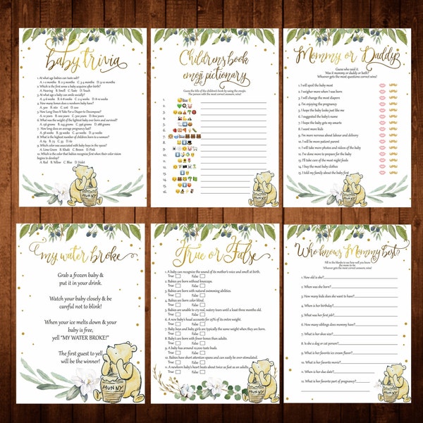 BABY SHOWER Printable Games Bundle Winnie the Pooh, Virtual Baby Shower Games Package, Quarantine Baby Shower