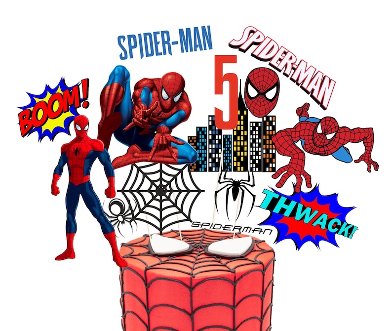 May include: Spider-Man themed cake topper set featuring a red and blue Spider-Man character, a web, a red and blue "BOOM!" speech bubble, a red and blue "THWACK!" speech bubble, a red and blue Spider-Man character with the number 5, and a red and blue Spider-Man character with the text "SPIDER-MAN".